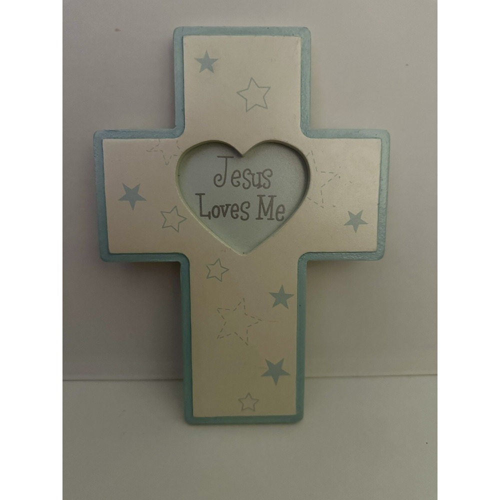 Jesus Loves Me Wood Cross Wall Hanging Blue Boy Stars Decor Christian